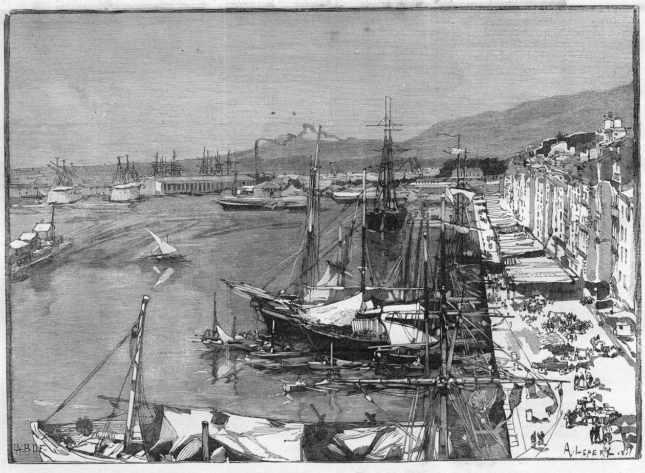 Handelsschip en arsenaal in de haven van Toulon (Var), Frankrijk. Gravure in 