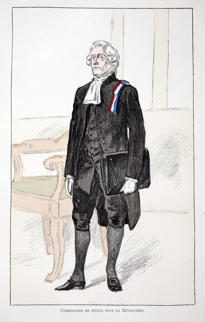 Politiecommissaris tijdens de Revolutie (1789-1799). Kleurgravure, ter illustratie van 