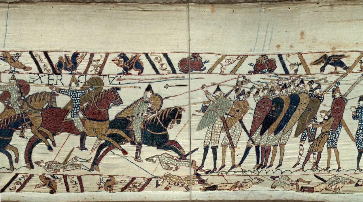 Verovering van Engeland door Willem de Veroveraar in 1066, gevechtsscène tussen de Normandische cavalerie en de Saksische infanterie van koning Harold II van Engeland (detail van het Tapijt van Bayeux) door Unknown artist