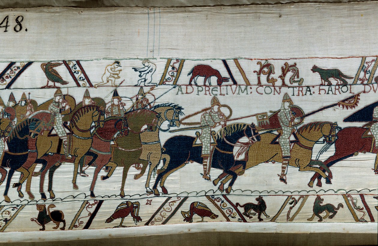Verovering van Engeland door de Normandische hertog Willem de Veroveraar (1027-1087) in 1066: zijn leger trekt op naar dat van Harold II bij Hastings. Onderaan links, twee naakte mannen (detail) door Unknown artist