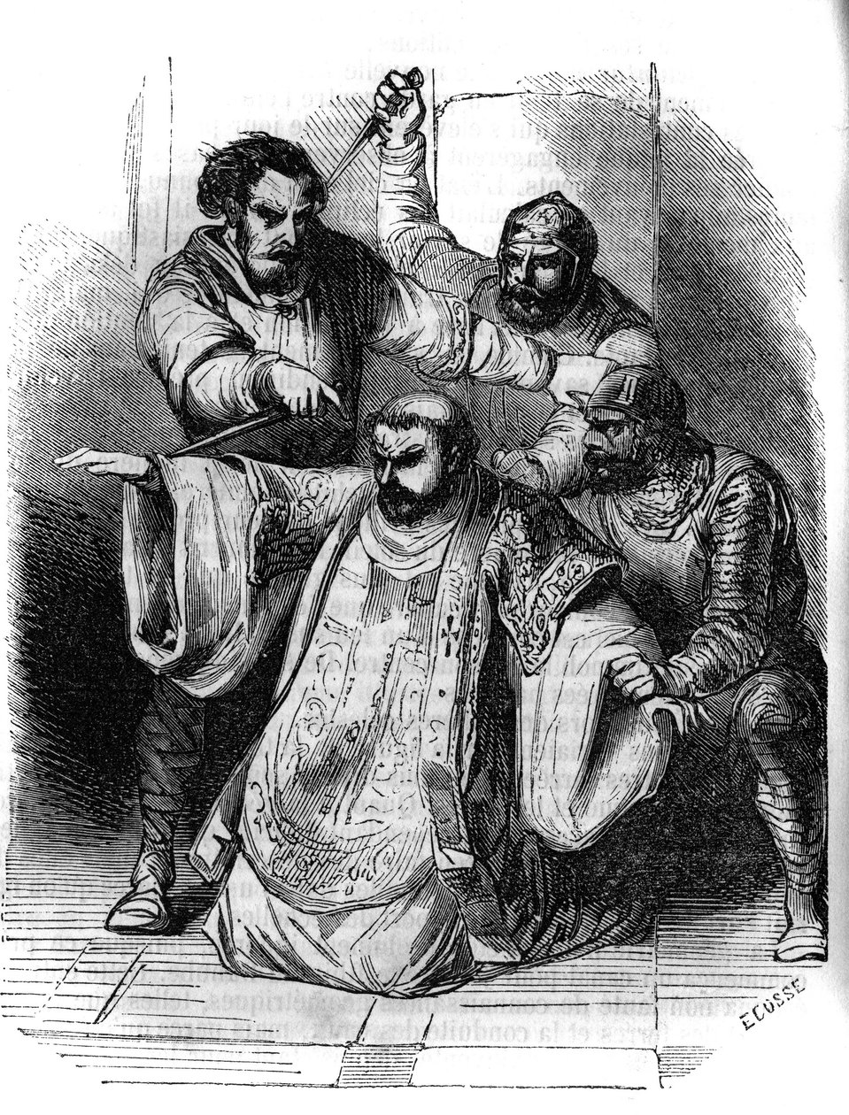 Samenzwering tegen Karel de Grote, 792: een heer verrast het gesprek tussen samenzweerders die de moord op de koning van de Franken plannen. Onder hen, Pepijn de Gebochelde (769-811), zoon van Karel de Grote. Gravure uit de 19e eeuw. door Unknown artist