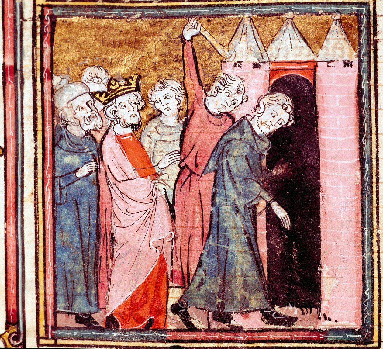 Samenzwering tegen Lodewijk de Vrome (778-840) keizer van het Westen, zijn zoon Lotharius legde hem een openbare boetedoening op in het klooster van Saint Medard de Soissons in 833. Miniatuur uit 