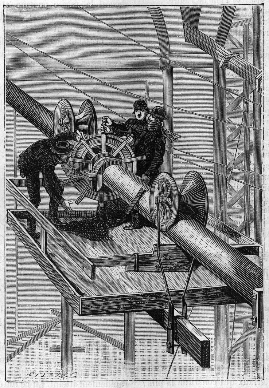 Bouw van de Brooklyn Bridge in New York: Machine gebruikt om de 19 secundaire kabels met helix-staaldraad tot een enkele kabel te bundelen. Gravure uit 1883. door Unknown artist