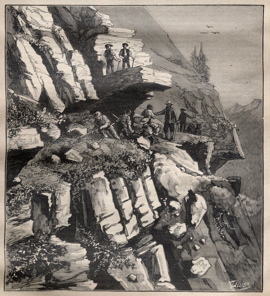 Bouw van een bergweg in de Alpen - Gravure in 