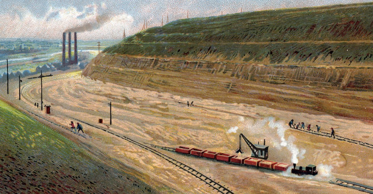 Aanleg van het Albertkanaal in de jaren 1930, dat de haven van Luik verbindt met de haven van Antwerpen, België (Graven van het Albertkanaal in de jaren 1930 tussen Antwerpen en Luik, België) Chromolithografie door Unknown Artist