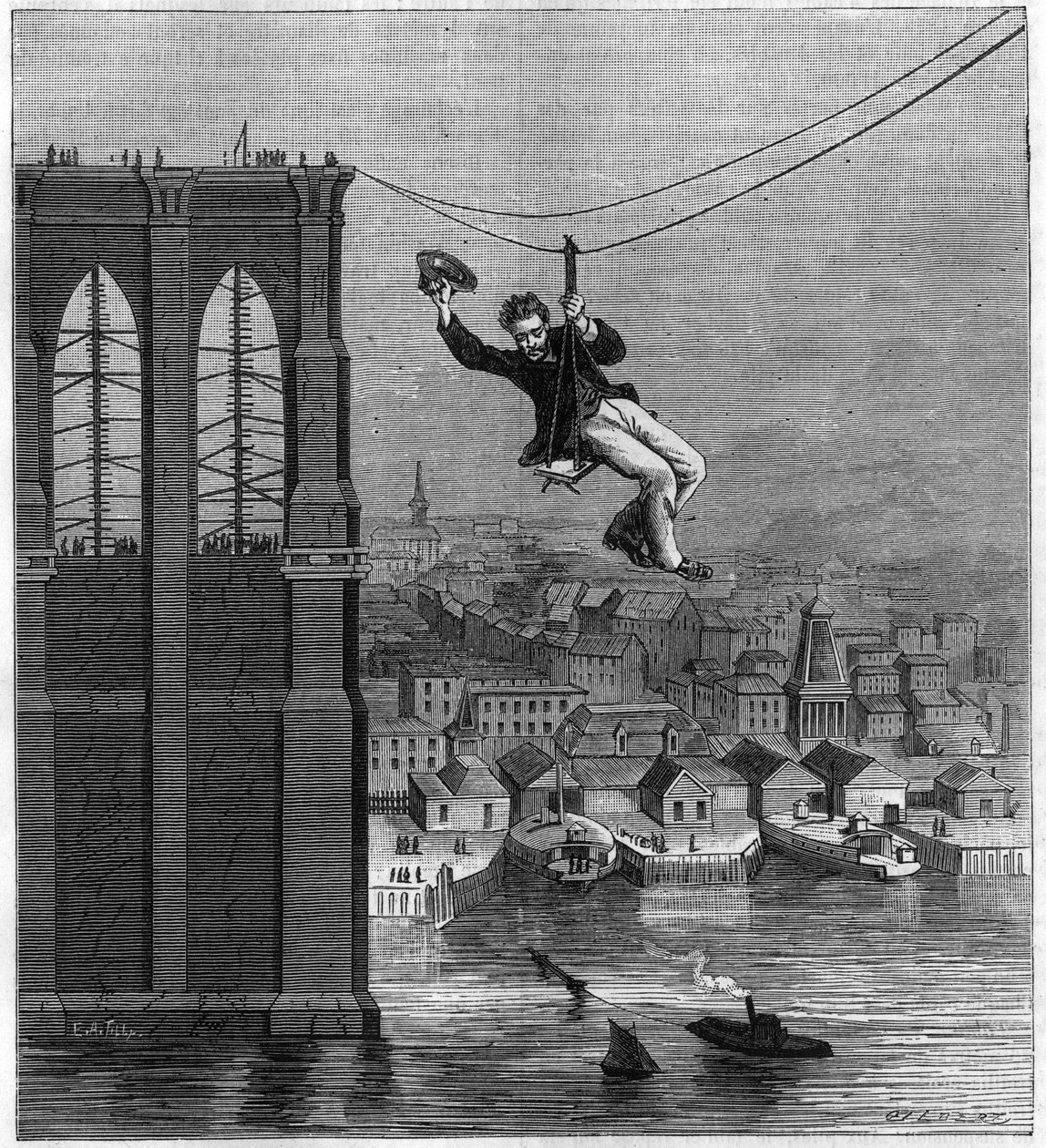 Bouw van de Brooklyn Bridge in New York: de heer Farrington, hoofdmonteur van de bouw, beweegt zich van de ene paal naar de andere met behulp van de eerste gespannen draad (25 augustus) door Unknown artist