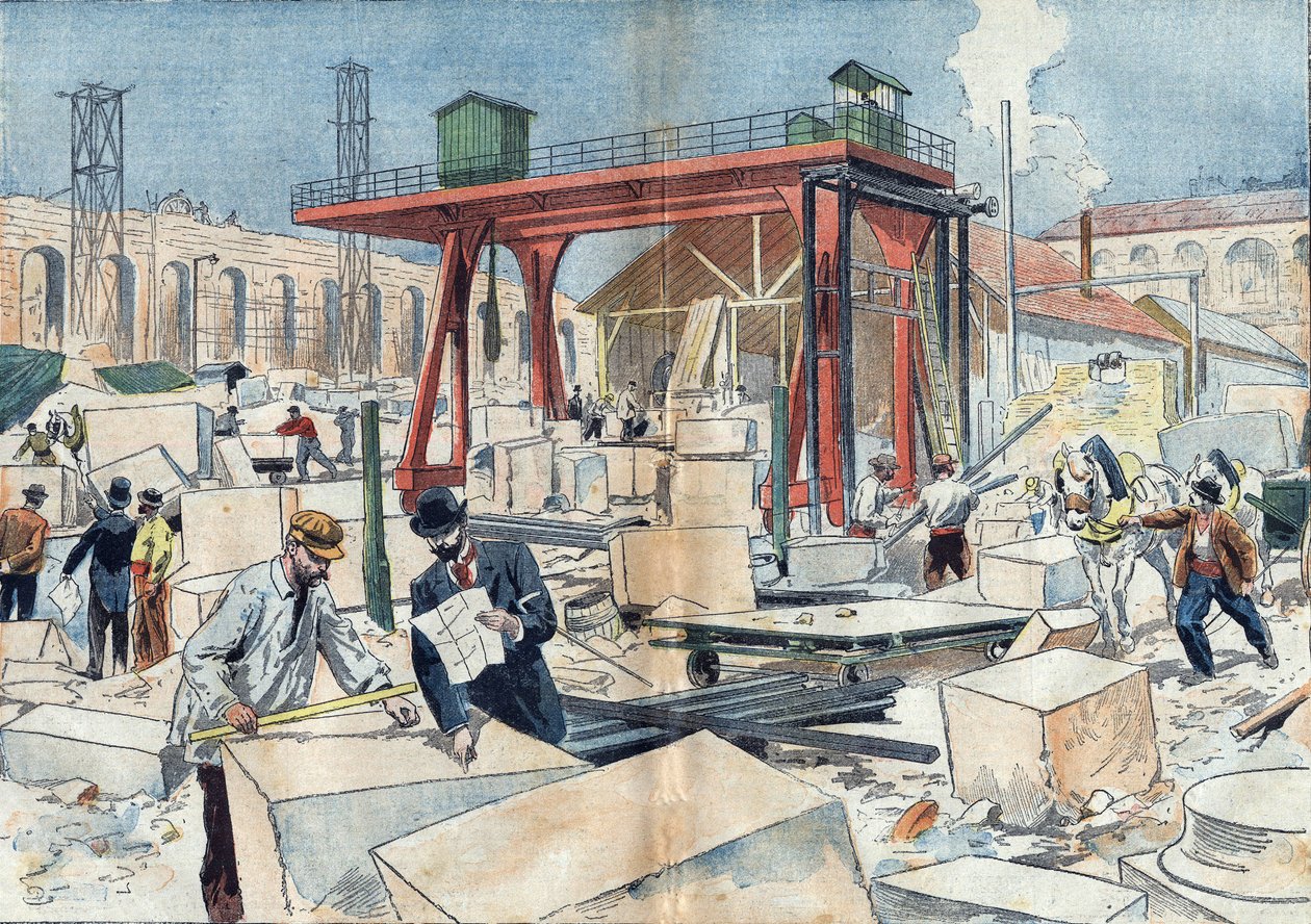 Bouw van het Grand Palais, in Parijs in 1898, ter gelegenheid van de Wereldtentoonstelling van 1900. In het midden, het diamanten wiel om stenen te snijden. Illustratie in 