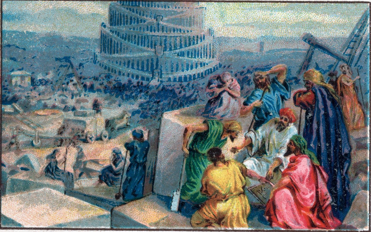 Bouw van de Toren van Babel. Chromolithografie uit het einde van de 19e eeuw. door Unknown artist