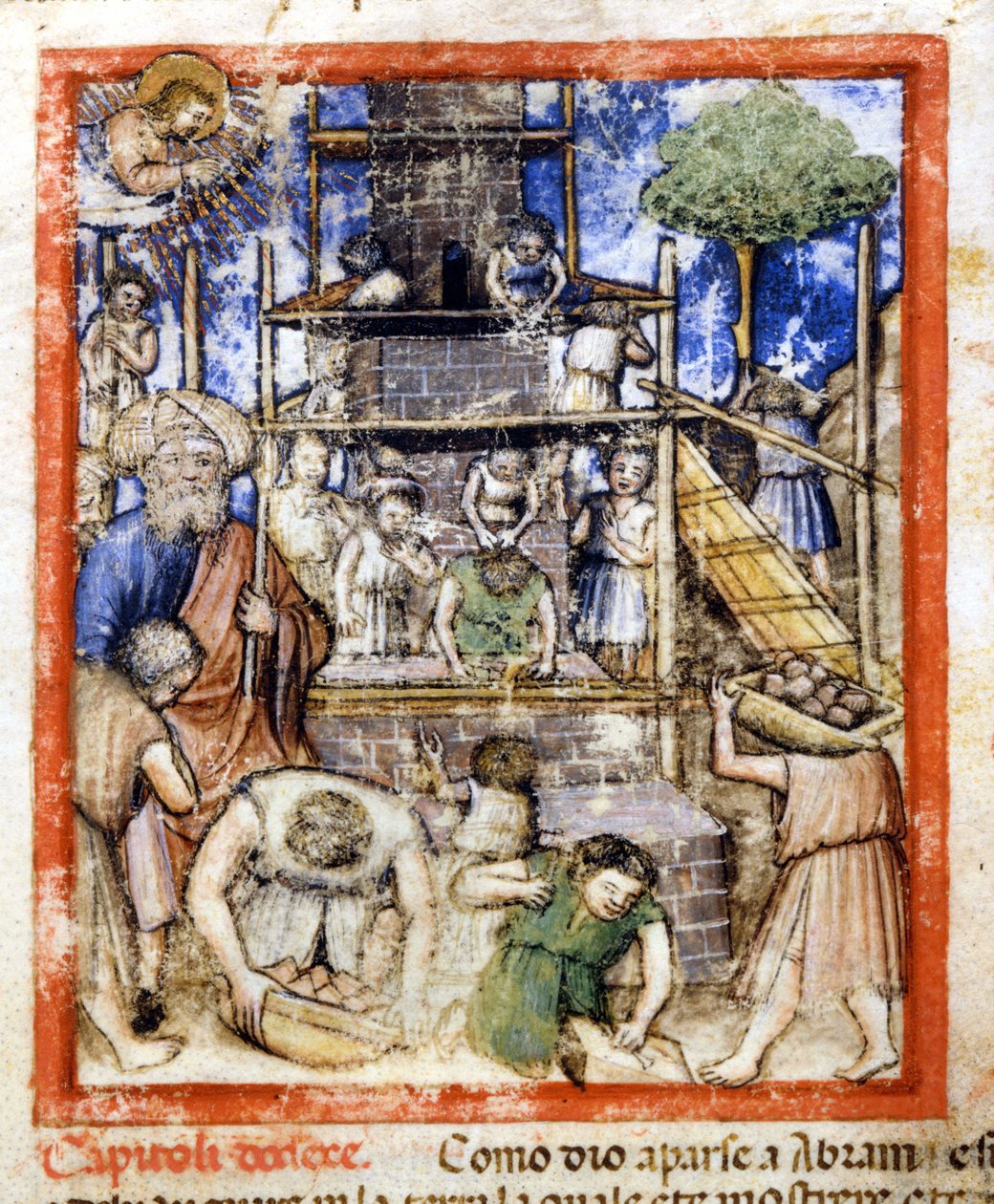 Bouw van de Toren van Babel. Miniatuur uit codex 212 (of padovano codice of Bijbel van Padua) 1390-1400 Rovigo, Accademia dei Concordi door Unknown artist