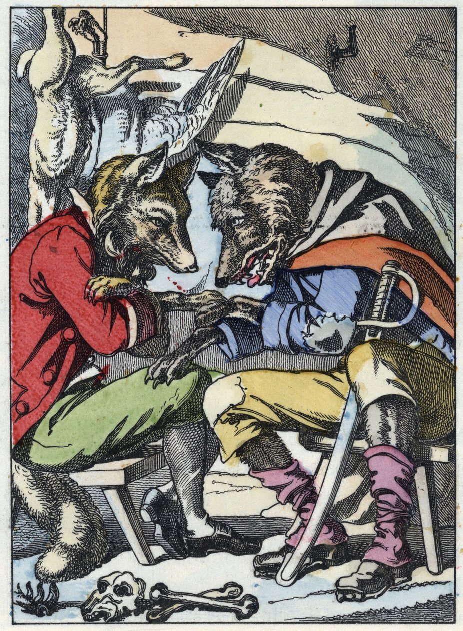 Gesprek tussen de wolf en de vos. Illustratie van het sprookje 