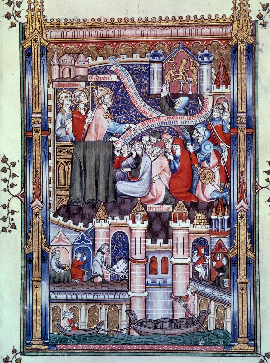 Bekering van Parijzenaars: op een brug van Parijs, waar goudsmidswinkels zijn gevestigd, breken Parijzenaars afgoden in goud. Miniatuur uit het manuscript 