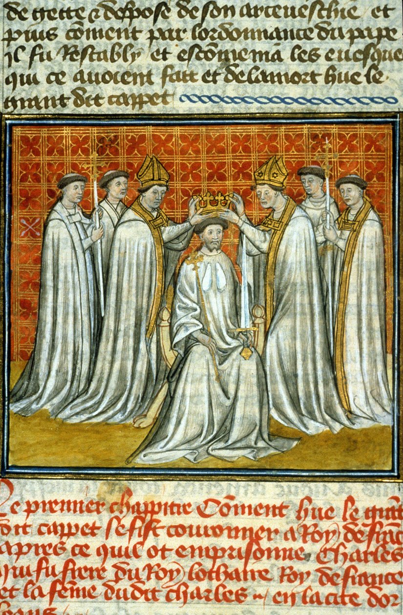 Kroning van Hugues Capet (987) door Adalberon (ca. 925-990), aartsbisschop van Reims - Verluchting van manuscript op perkament uit de Middeleeuwen 