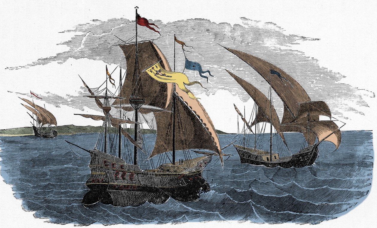 Vloot van Cortez zeilt naar Mexico - Spaanse kolonisatie van Amerika: de vloot van Hernan Cortes (circa 1485-1547) zeilt naar Mexico door Unknown artist