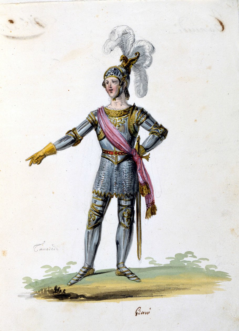 Kostuum voor het personage van Tancredi getekend door Gironi voor de opera “Tancredi” door Gioacchino Rossini. 1813 door Unknown artist