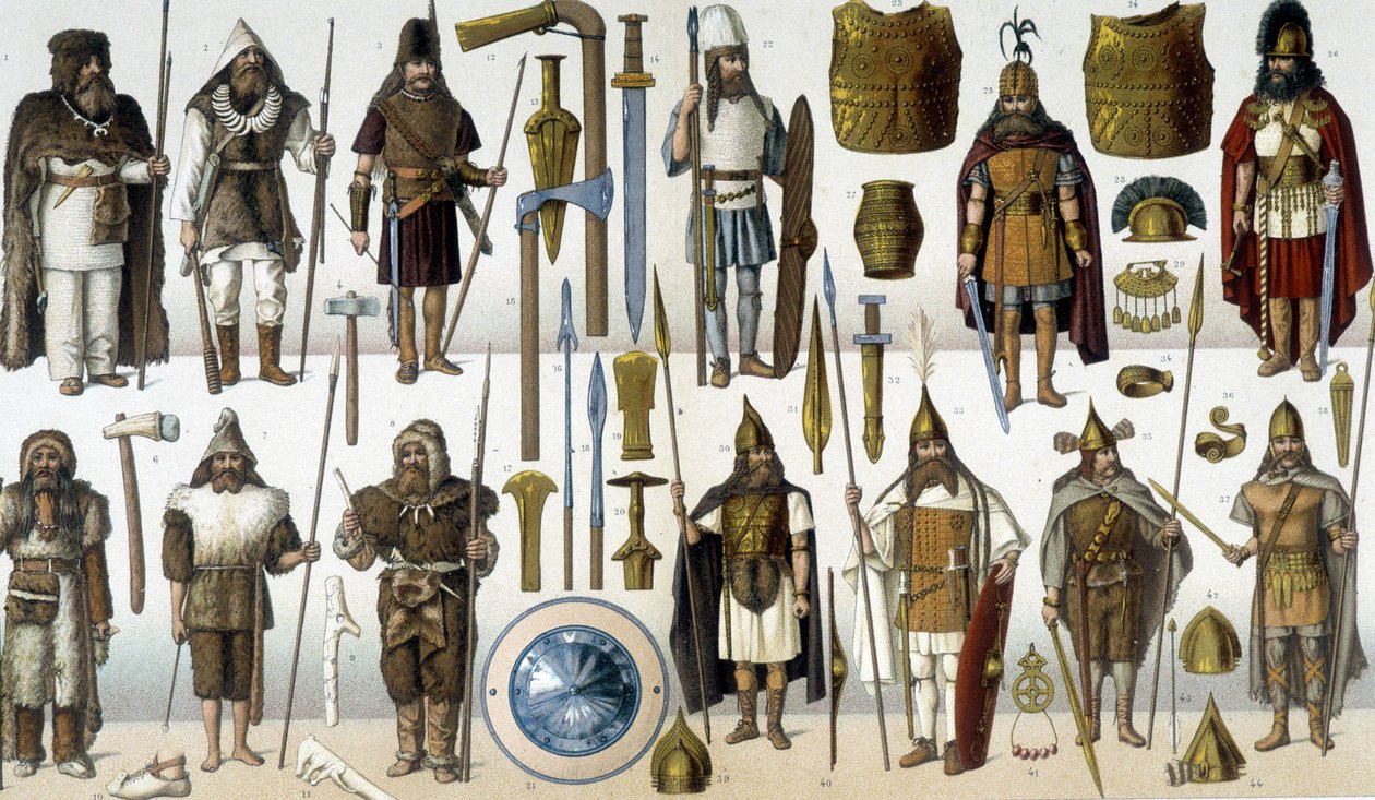 Kostuums, harnassen en wapens van barbaarse krijgers door Unknown artist