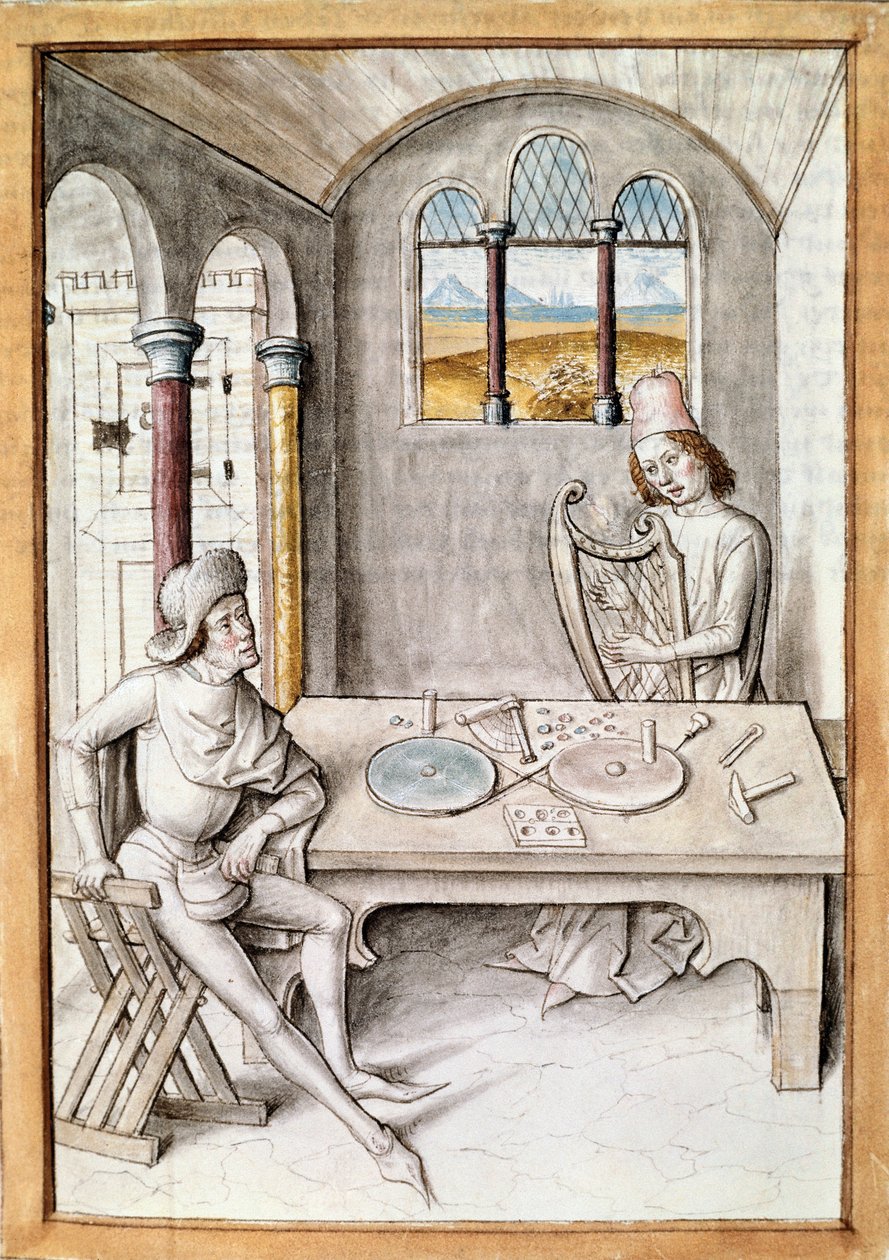 Ambachten: harp factor. Een instrumentenfabriek. Miniatuur uit een manuscript van “De Fabels van Bidpai” door Unknown artist