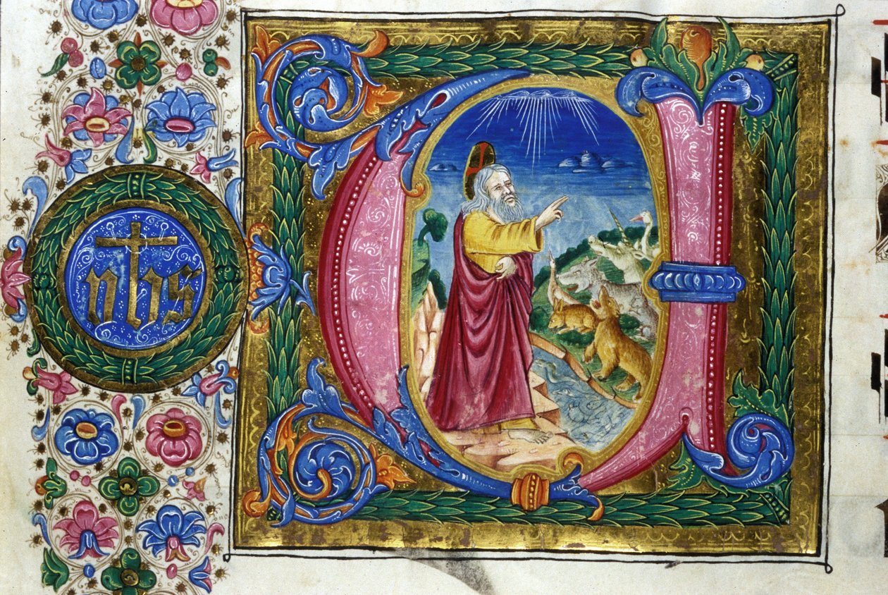 Schepping: God voor de schepselen van de aarde. 15e-eeuws manuscript. Bibl. Nazionale Braidense, Milaan door Unknown artist
