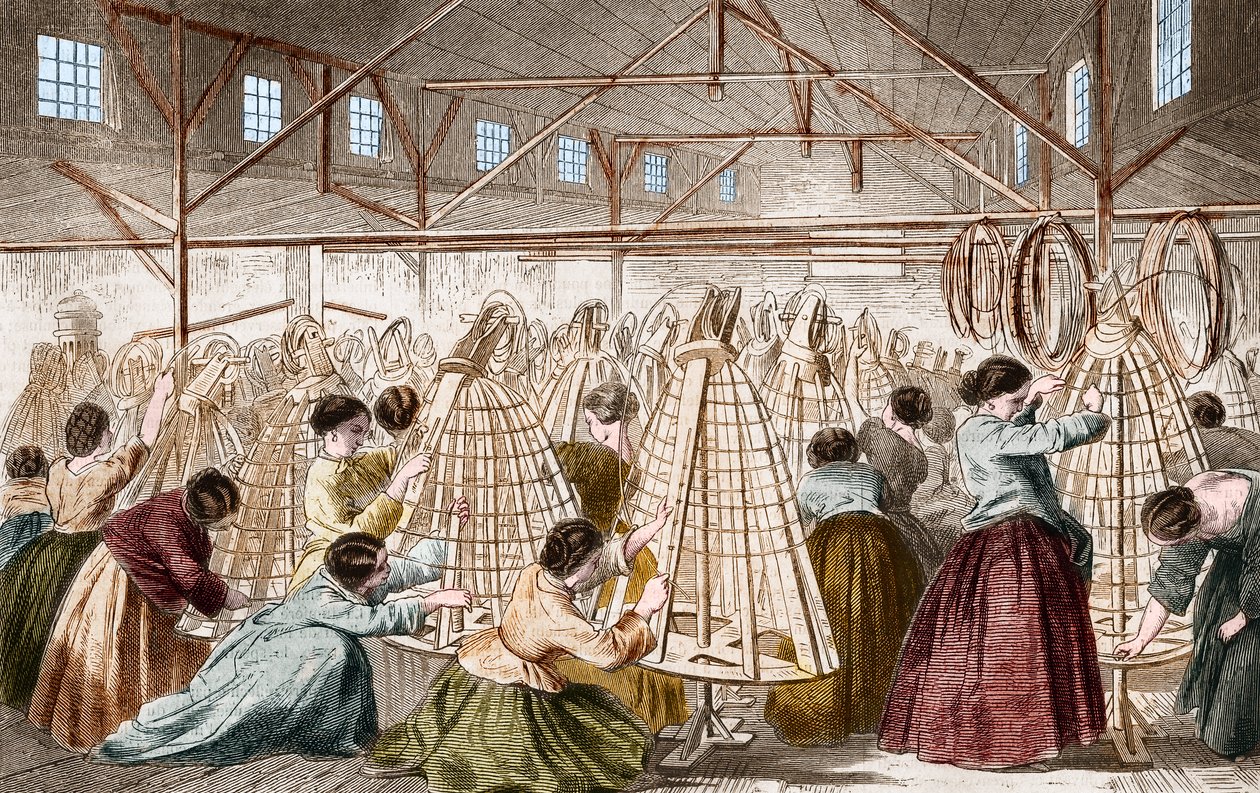 Crinoline fabrieken: hoepels leggen. Gravure uit 1865 door Unknown artist