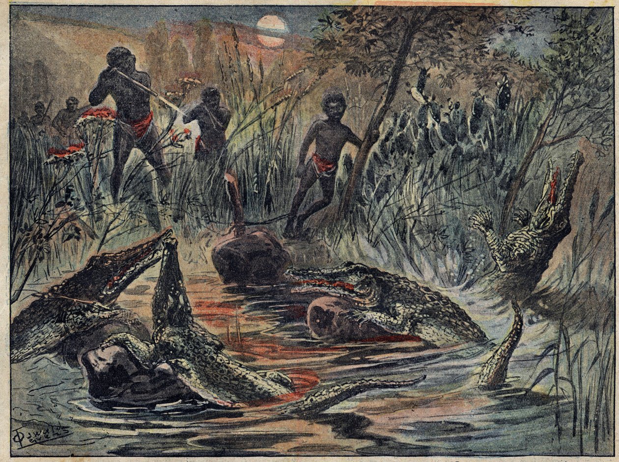 Krokodillenjacht in Niger met een kind als aas. Illustratie in "Le Pelerin" van 4 december. door Unknown artist
