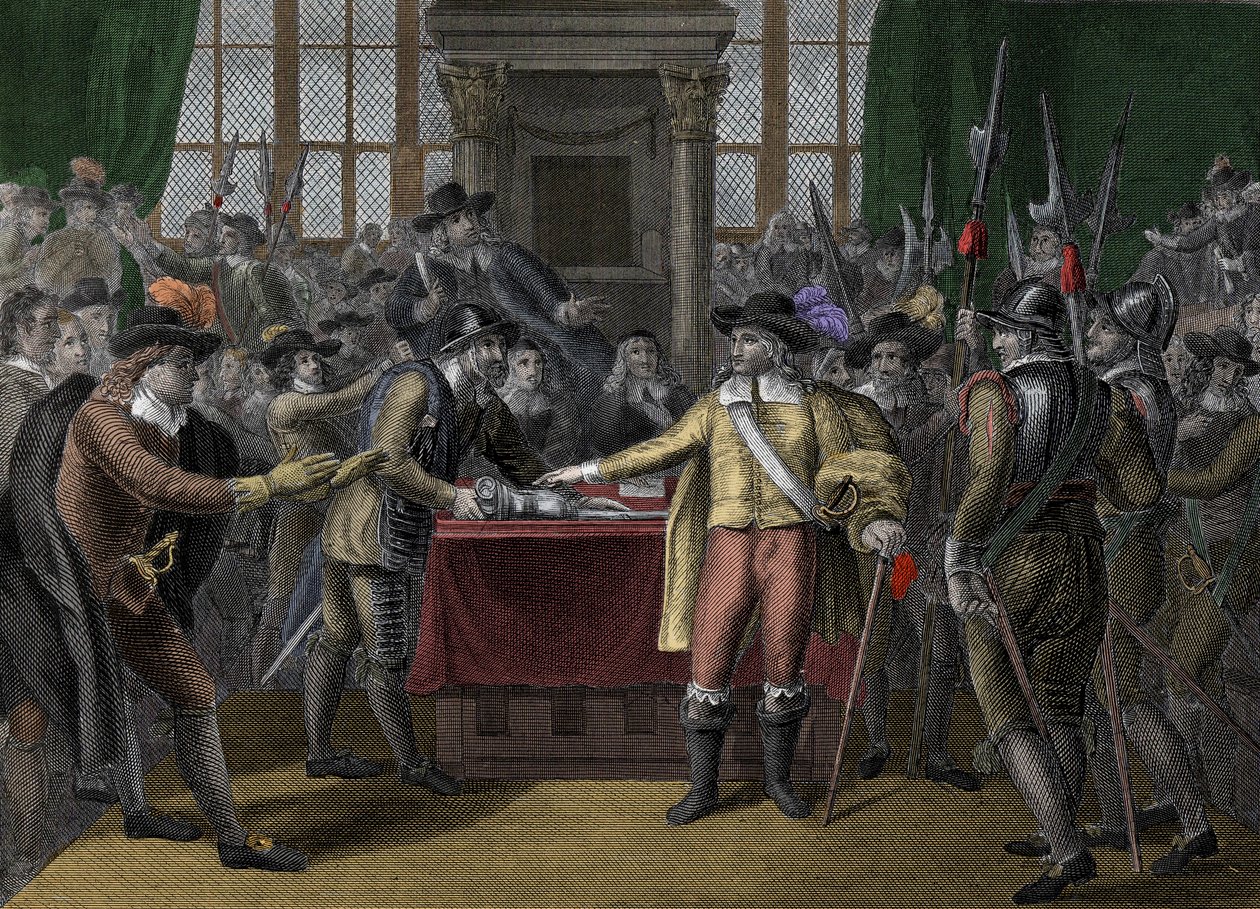 Cromwell ontbindt het Lange Parlement - Het Rump Parlement - Oliver Cromwell (1599-1658) ontbindt het Britse Parlement door Unknown artist