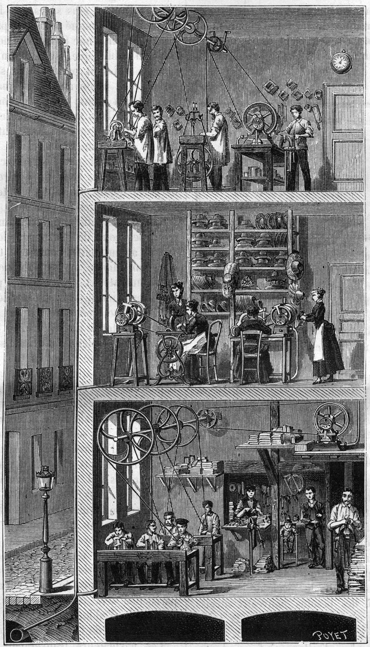 Doorsnede van een huis aan de rue Beaubourg in Parijs, met de verdeling van krachten. - Op de tussenverdieping, fabrikant van borstels; op de 1e verdieping, hoedenmaker; op de 2e verdieping, fabrikant van metalen frames. Onderaan en links zijn de rioolbuis door Unknown artist