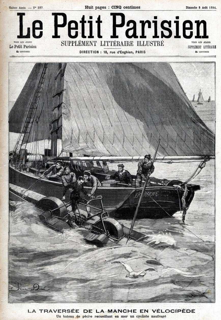 Oversteek van het Kanaal in velocipede: een vissersboot haalt Georges Pinkert op zee op, die de weddenschap had gemaakt om het Kanaal over te steken met de water-velocipede die hij had uitgevonden. Gravure in 