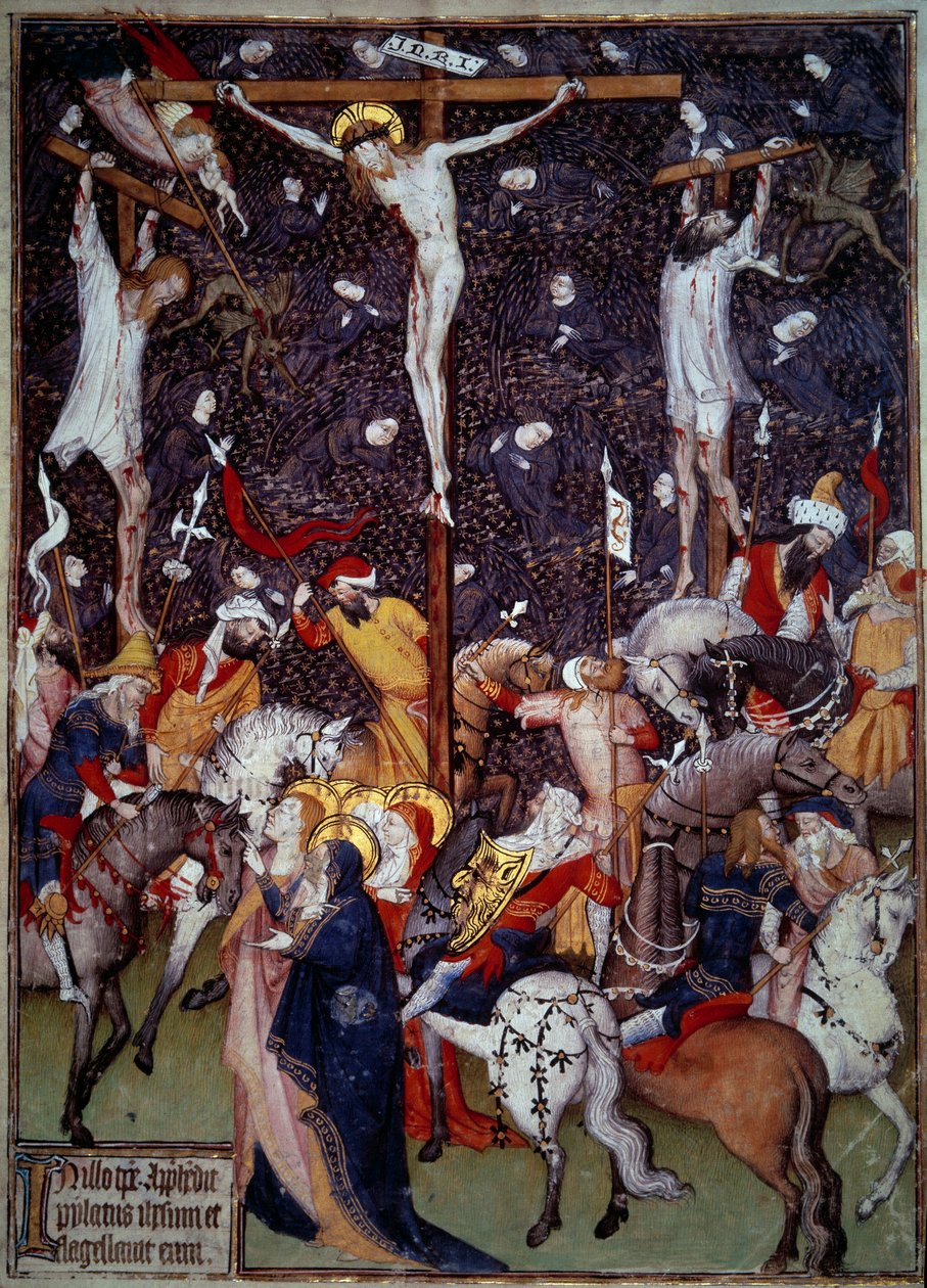 Kruisiging. Zwarte engelen vliegen rond de lichamen van de veroordeelden. Romeinen te paard draaien rond het kruis om de scène te aanschouwen door Unknown artist