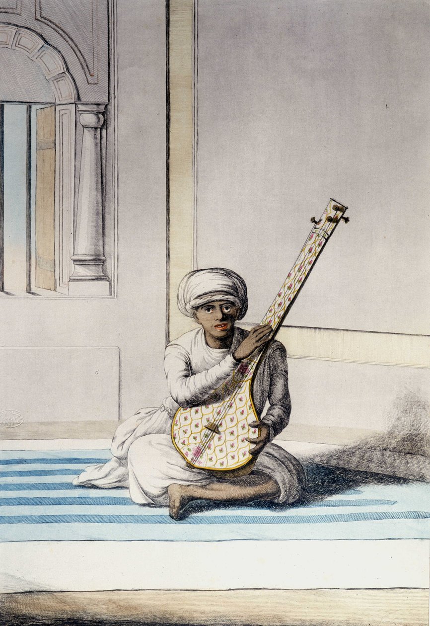 Cultuur, beschaving en Indiase samenleving: Muzikant die Thambourah speelt, traditioneel instrument van India. Gravure 1808 door Unknown artist
