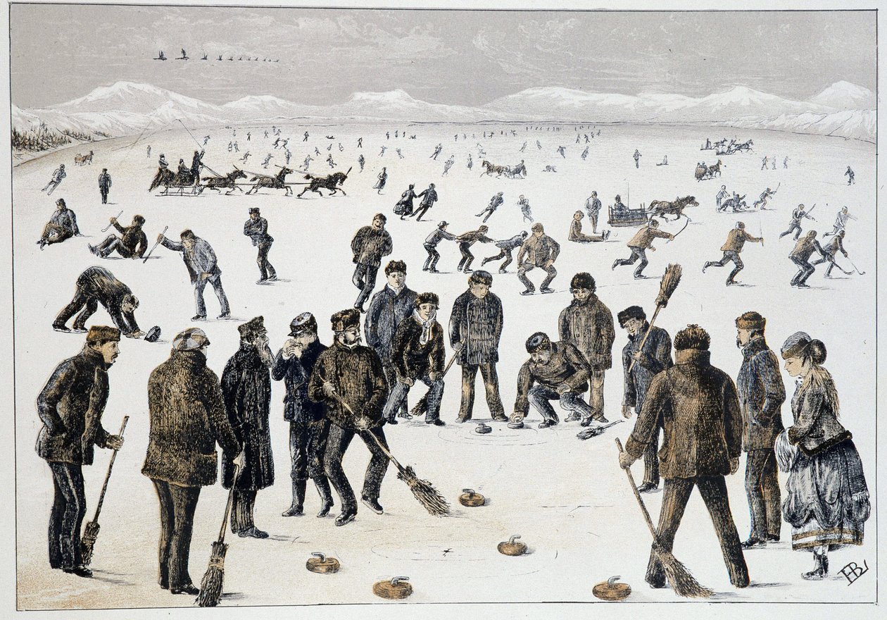 Curling op een bevroren meer bij Halifax, Nova Scotia - in "Sketches of canadian sports and pastimes" door Lieut. Henry Buckton Laurence door Unknown artist