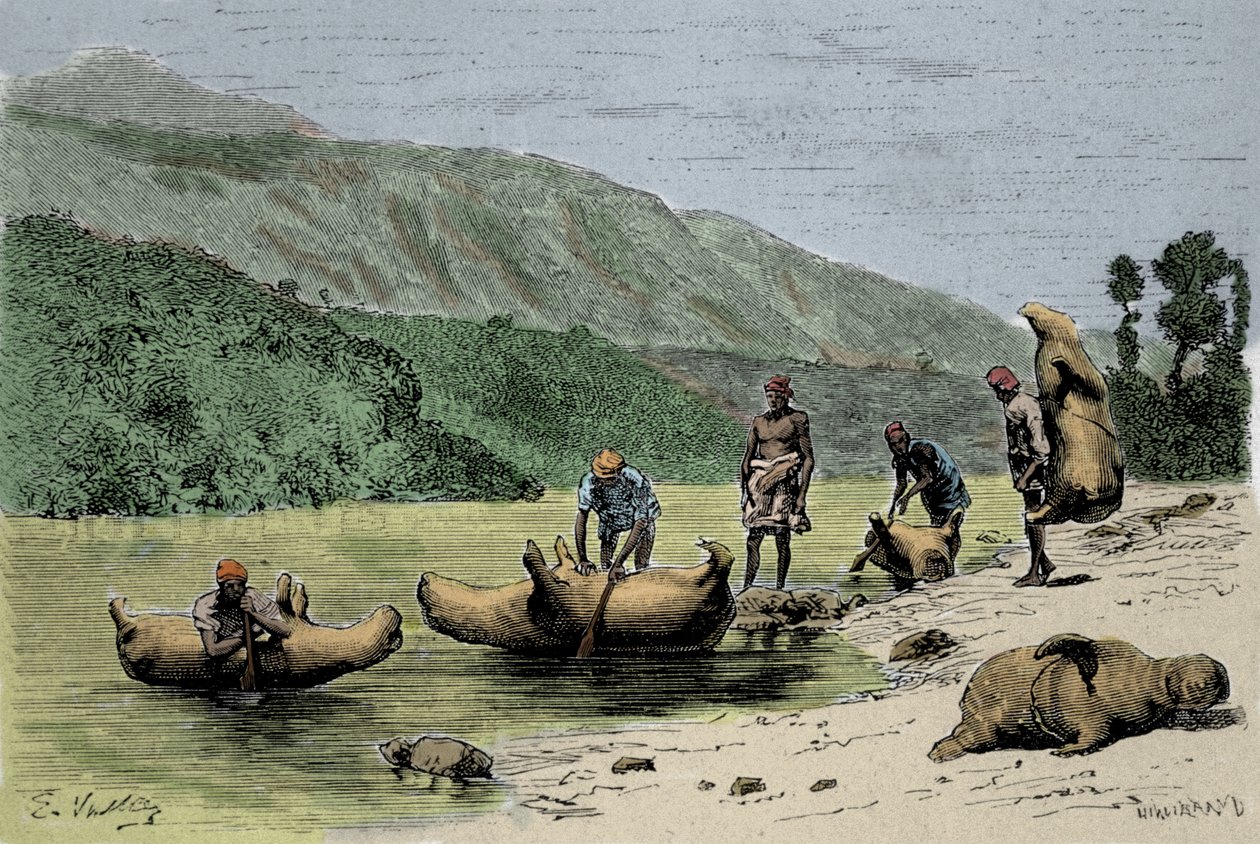 Gebruiken en transportmethoden: huiden van opgeblazen dieren gebruikt om rivieren over te steken. Gravure van de 19e eeuw door Unknown artist