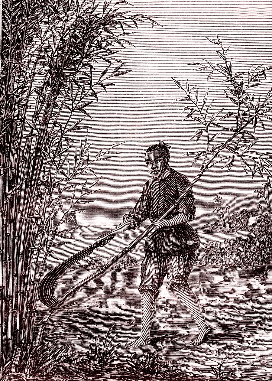 Het snijden van de bamboe, papierfabricage in China (3e eeuw v.Chr.) (gravure door Unknown Artist