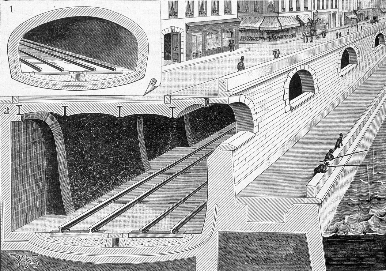 Het spoor snijden in de tunnelgedeelten (treinen naar het station van Orléans brengen) met ijzeren vloer die de rijbaan direct ondersteunt - in "La Nature" door Unknown artist