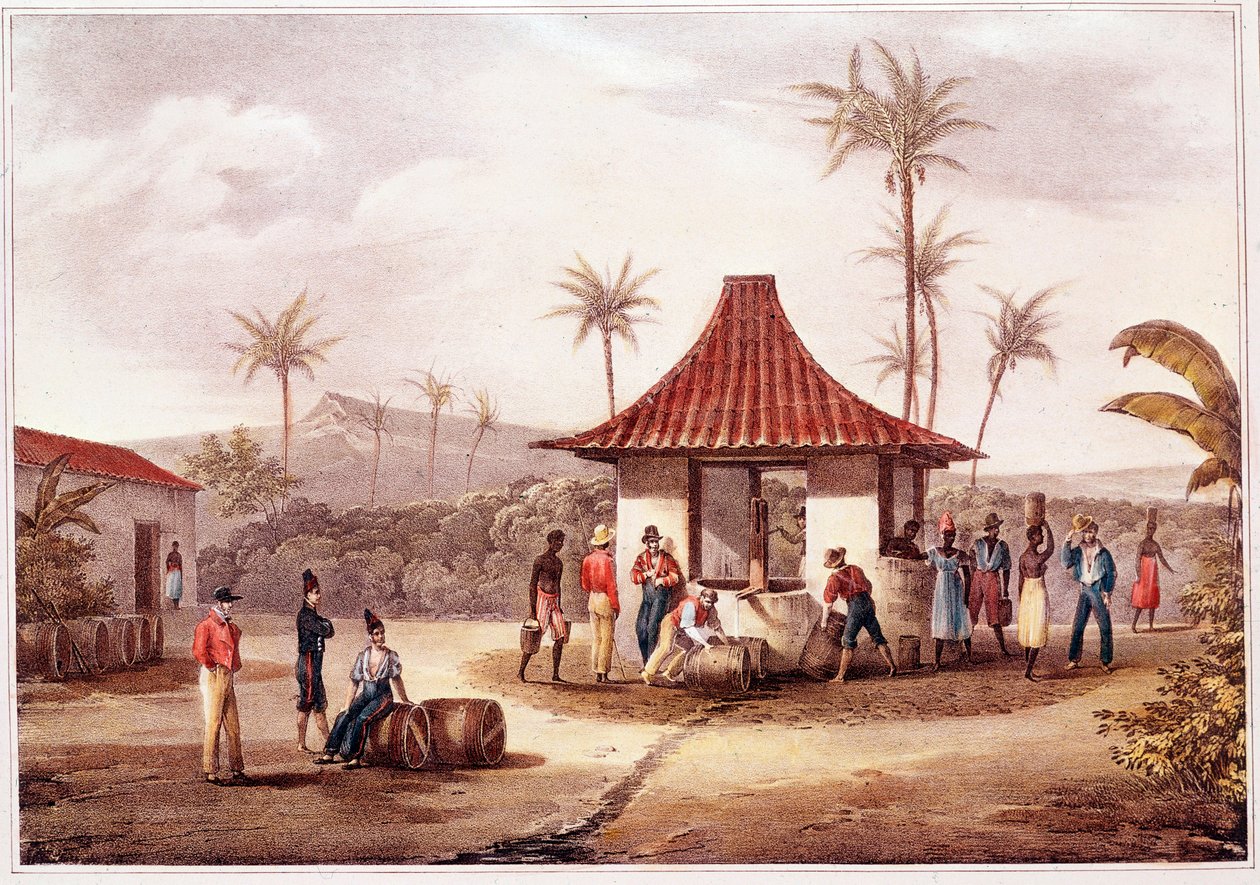 Dagelijks leven in Kaapverdië. Bewoners van een dorp bij de fontein. Lithografie van de 19e eeuw. Lissabon Historisch Archief van Overzee door Unknown artist