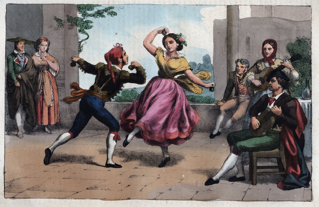Dans van de Bolero en kostuums van Granada - gravure uit 