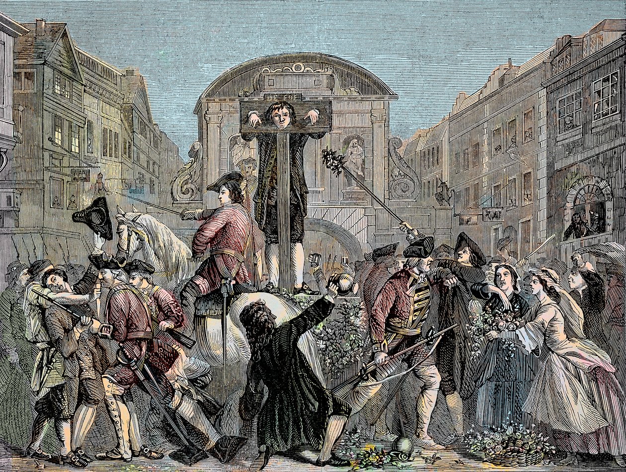 Daniel Defoe (De Foe) (1659-1731) aan de schandpaal in Londen in 1703 voor het publiceren van zijn ironische traktaat 