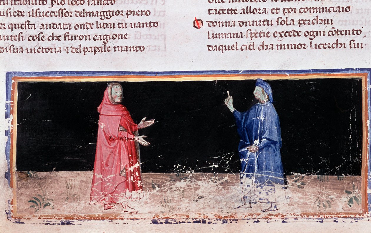 Dante (in blauw) en Vergilius (canto 3 van de Hel, in de Goddelijke Komedie) (miniatuur) door Unknown artist