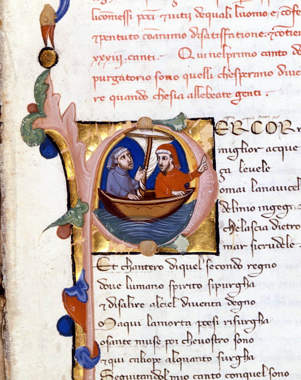 Dante Alighieri: Divina Commedia (Goddelijke Komedie) incipit van Purgatorio. Dante en Virgil. manuscript uit de 14e eeuw. Milano bibl. Trivulziana door Unknown artist