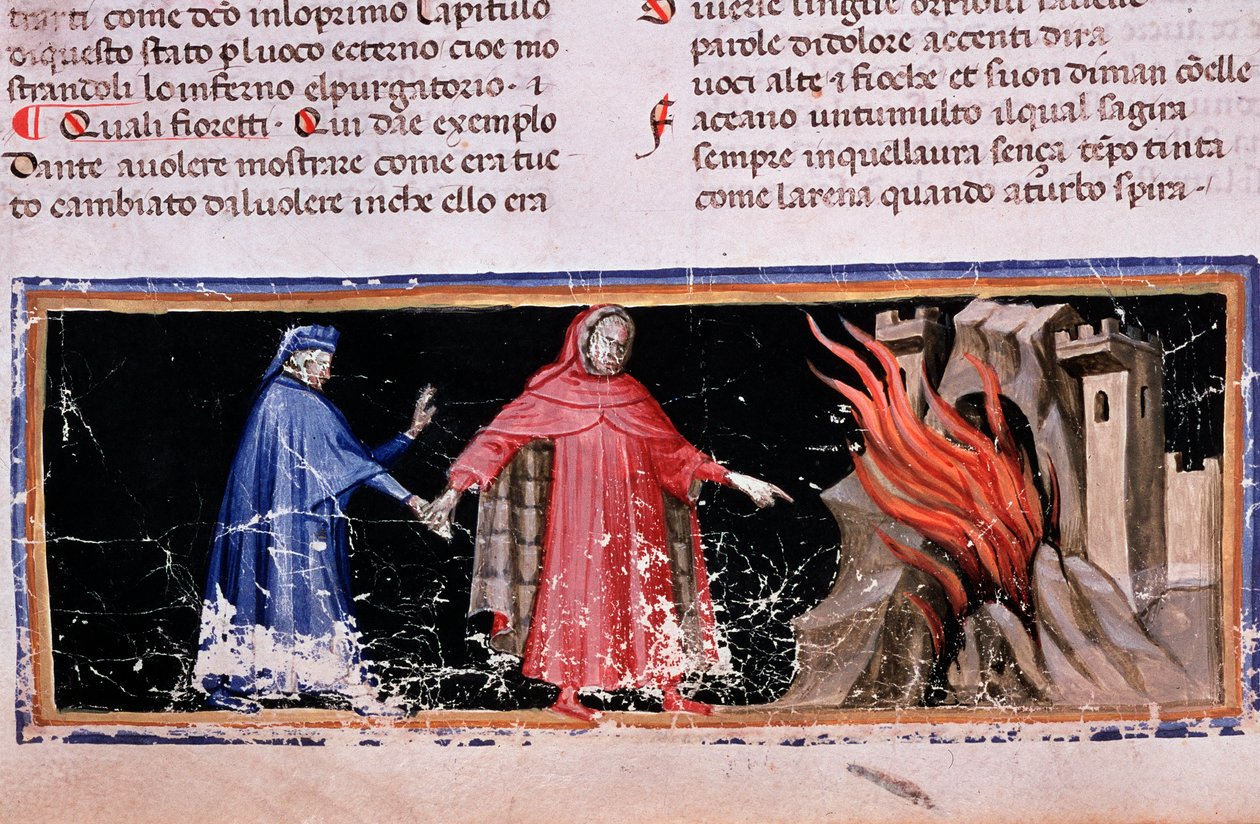 Dante en Vergilius bereiken de poorten van de hel (canto 3 van de Hel, in de Goddelijke Komedie) - miniatuur door Unknown artist