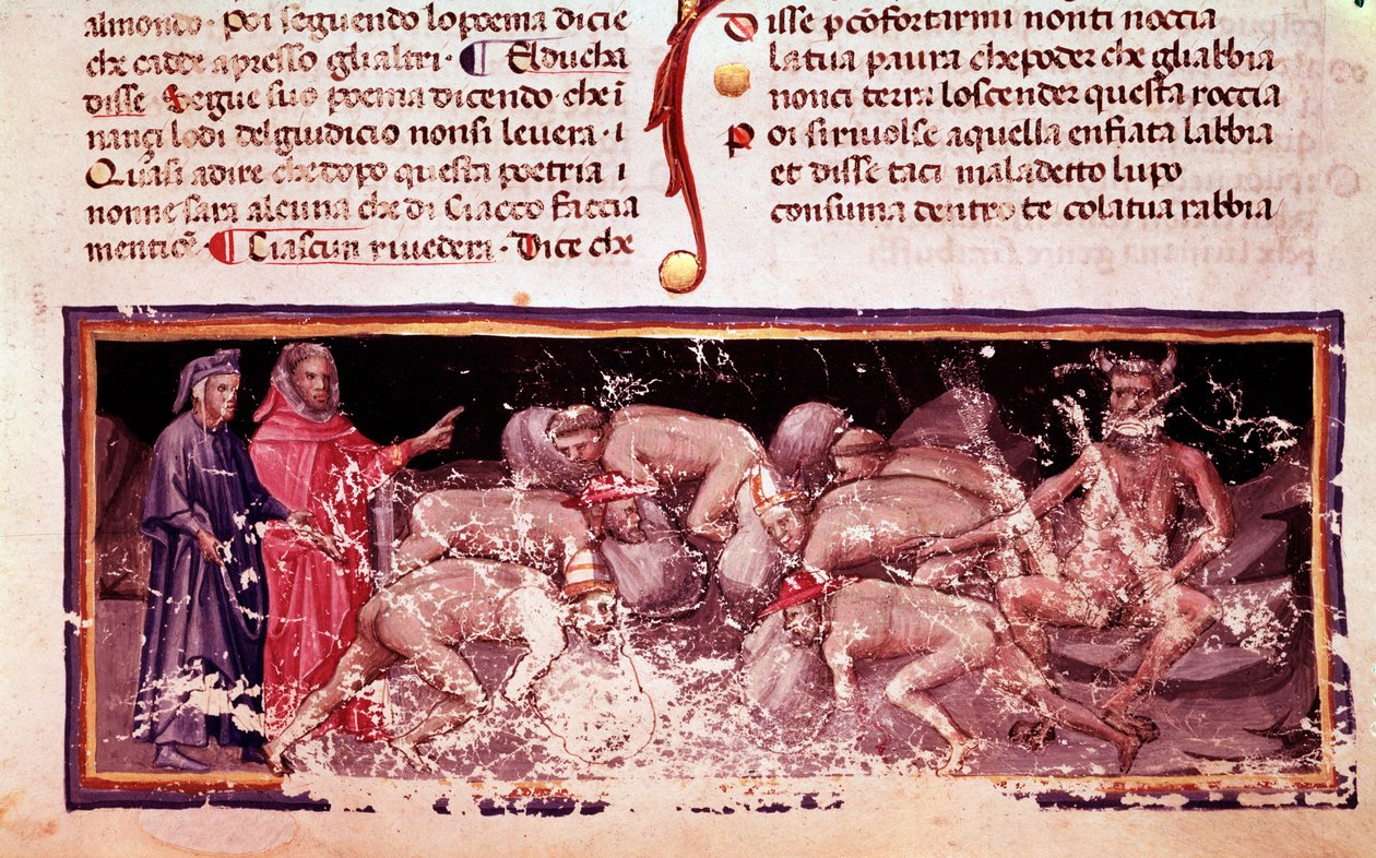 Dante en Vergilius met de gierigaards en verkwisters (canto 7 uit de Hel, in de Goddelijke Komedie) - miniatuur door Unknown artist