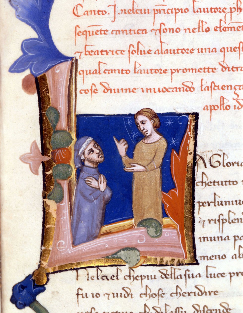 Dante begroet door Beatrice bij de ingang van het paradijs. (lettrine 