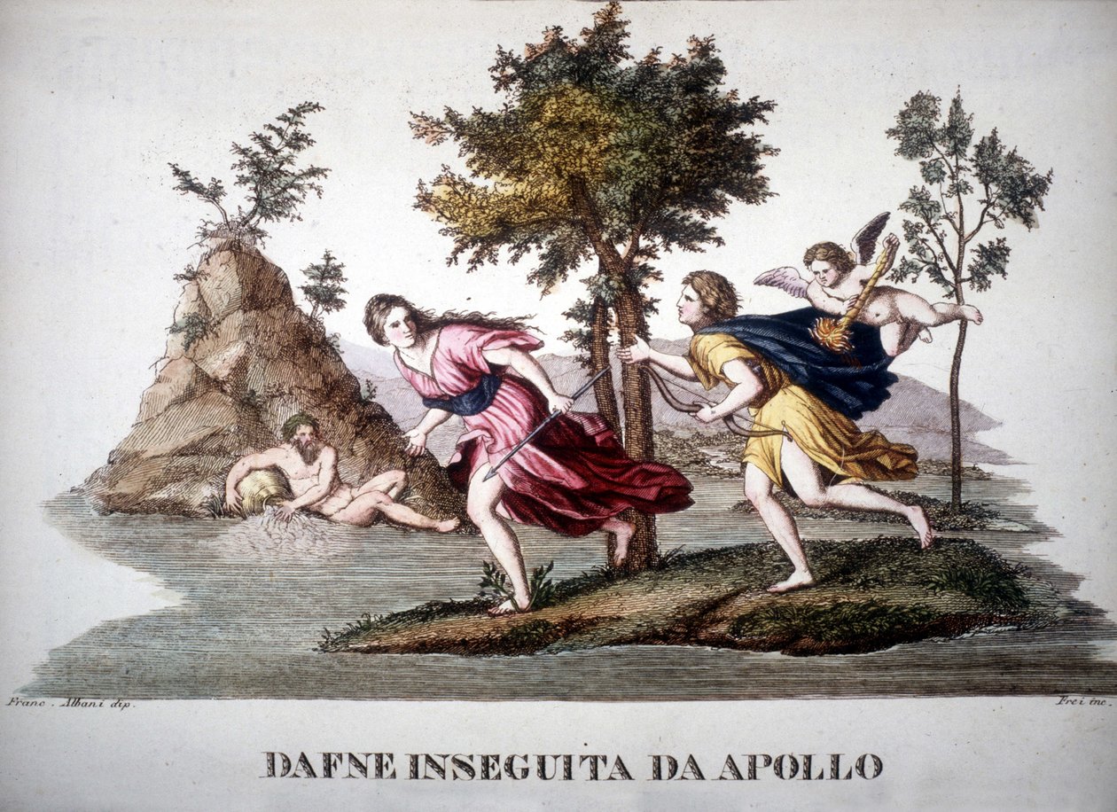 Daphne achtervolgd door Apollon - in Dizionario mitologico door Unknown artist