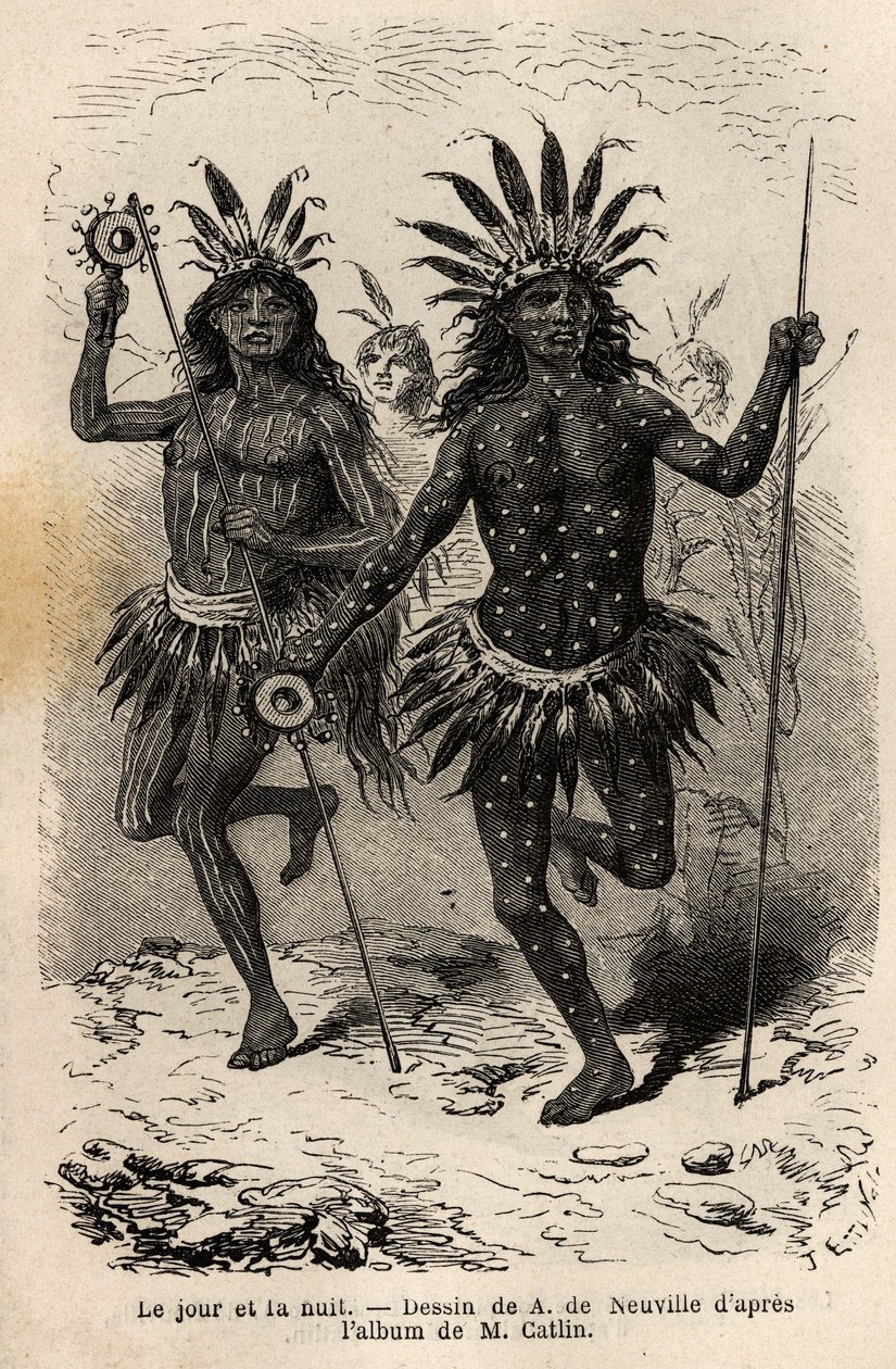 Dag en nacht, schilderijen op het lichaam van de dansers van de religieuze ceremonie en boetedoening, uitgevoerd door de stamhoofden en zijn metgezellen, onder de Mandans Indianen (of noumah ka kie: fazanten), op de linkeroever van Missouri. Gravure ter i door Unknown artist