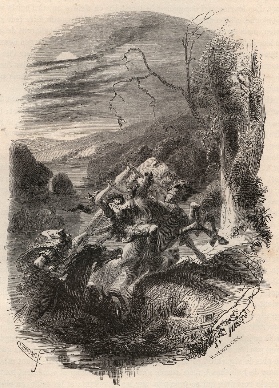 Dood van Indutiomarus, hoofd van de Trevires, gedood door het Romeinse leger in 53 v.Chr. Gravure uit 1868 in 