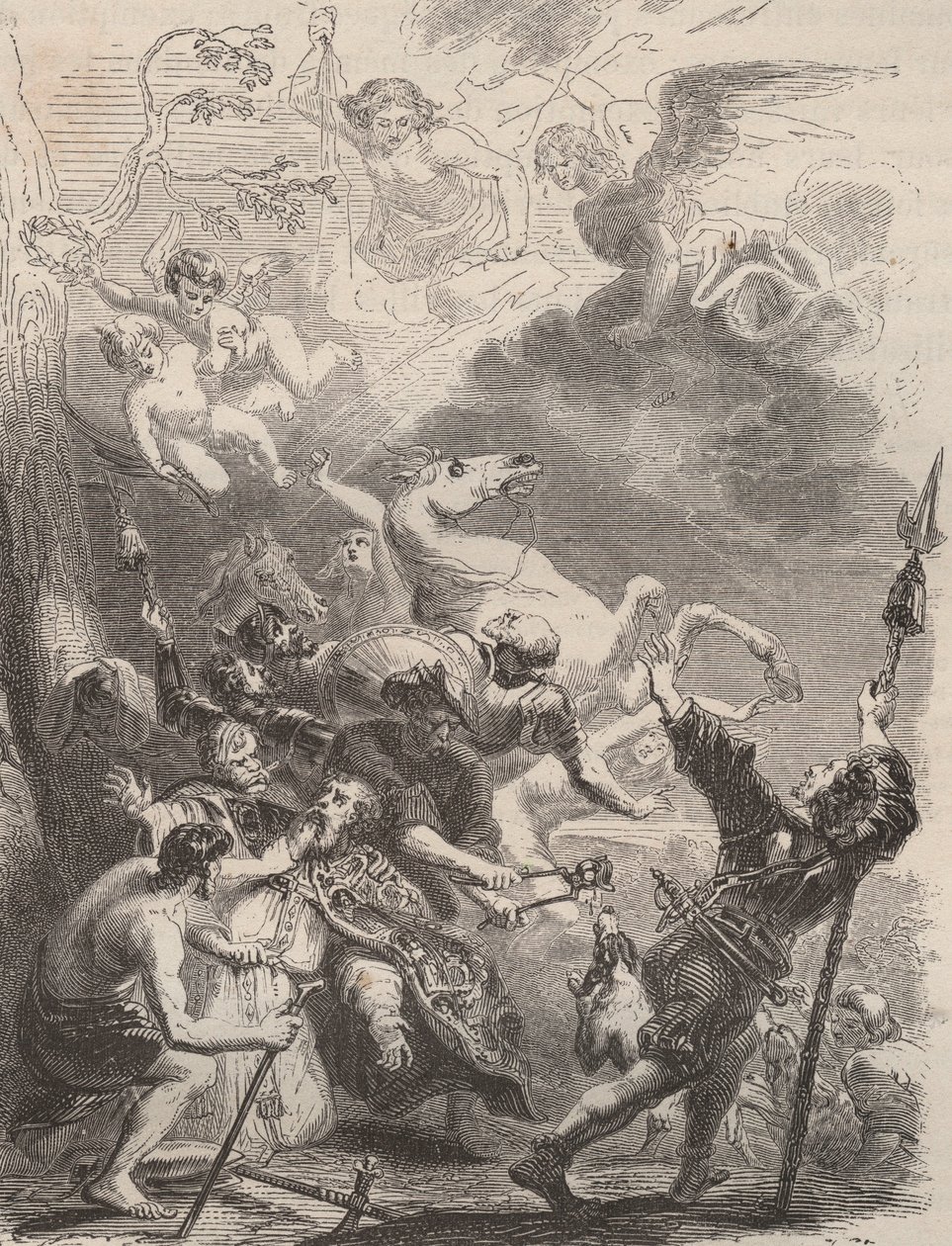 Dood van Sint Lievin de Grote als evangelisator van Vlaanderen, martelaarschap in 657/663. Gravure uit 1868 in 