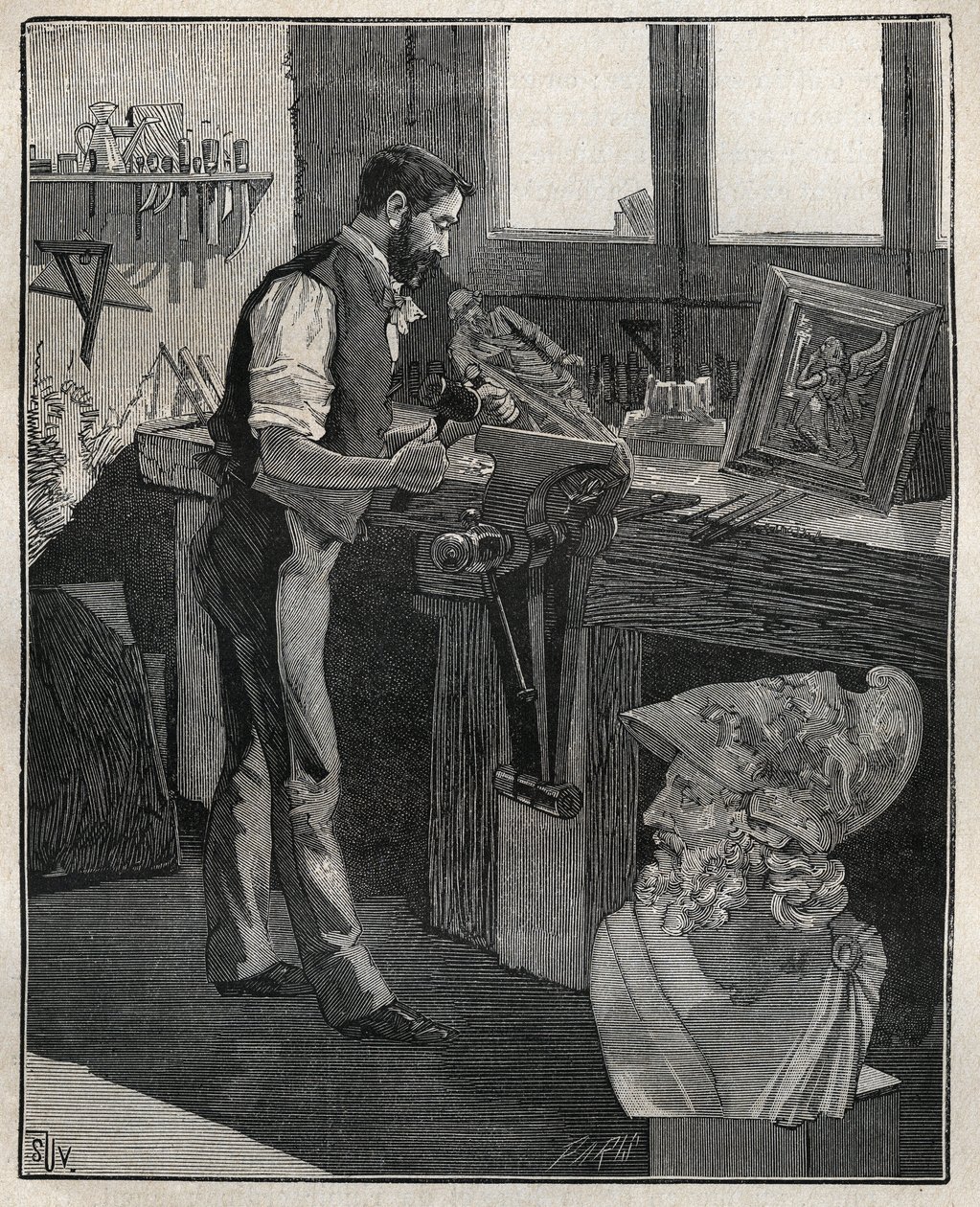 Decoratie van zilverwerk: bronsgraveur. Gravure uit 1885 in 