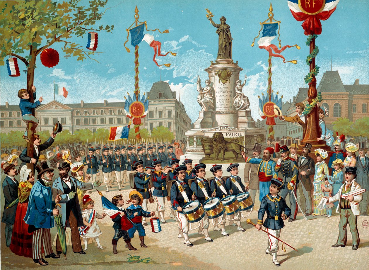 Defilé van de kinderen van de Schoolbataljons op de Place de la Republique op 14/07/1883 in Parijs door Unknown artist