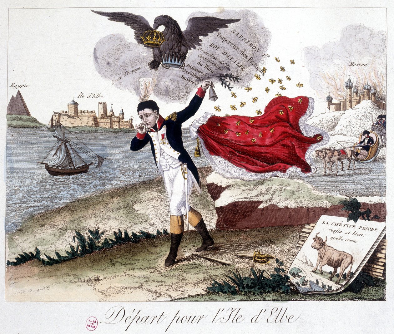 Vertrek naar het eiland Elba: Napoleon houdt een bel vast, een keizerlijke adelaar boven hem herinnert hem aan zijn titels, Moskou in vlammen op de achtergrond, en op de voorgrond: Fabel van Lafontaine: 
