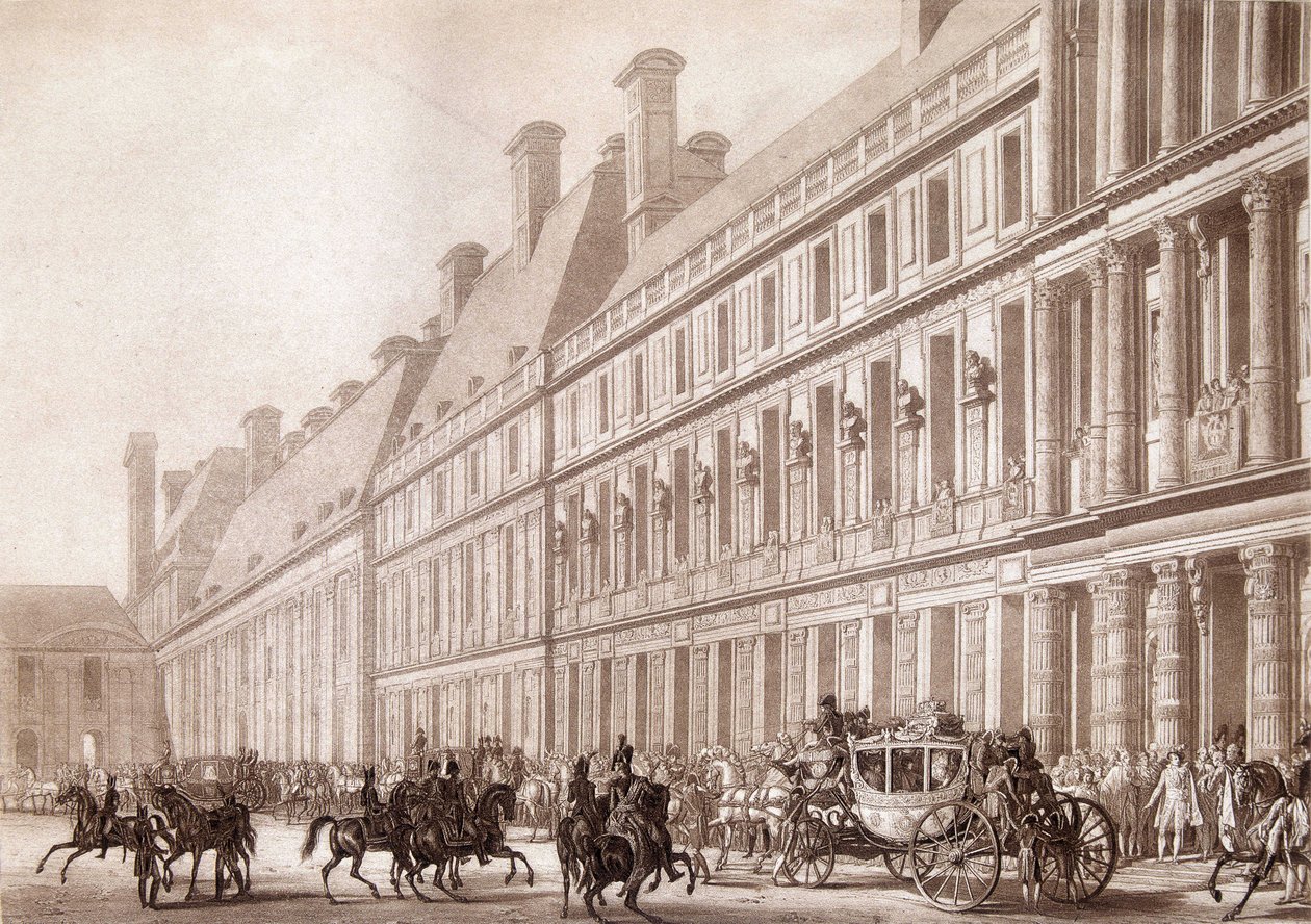 Vertrek van Napoleon uit het Louvre, voor zijn kroning. door Unknown artist