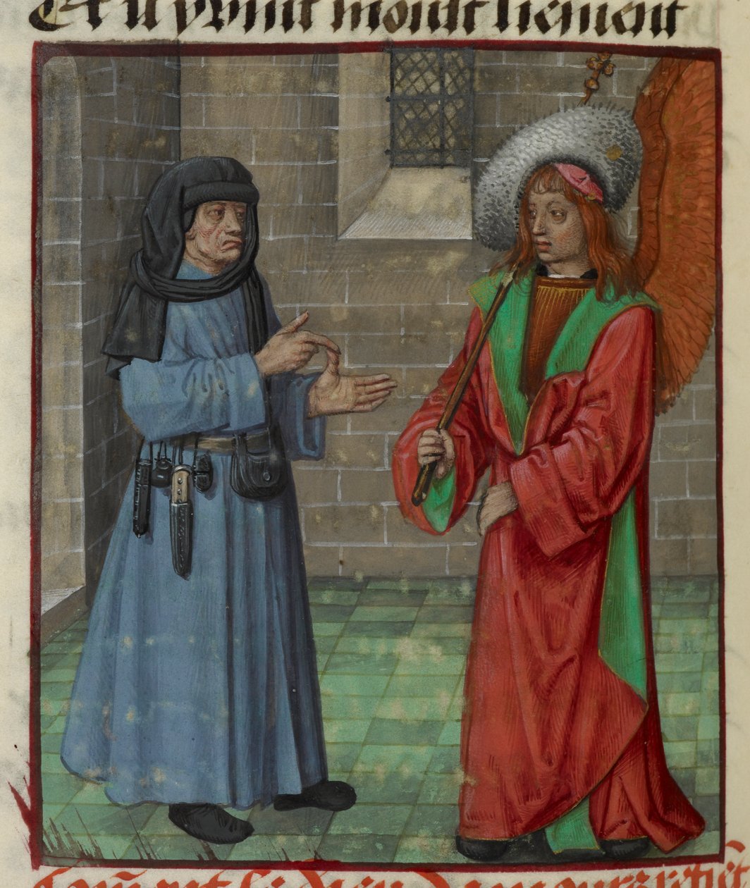 (detail) van een miniatuur van Faux Semblant (Valse Schijn) die Amour (Liefde) toespreekt, uit 