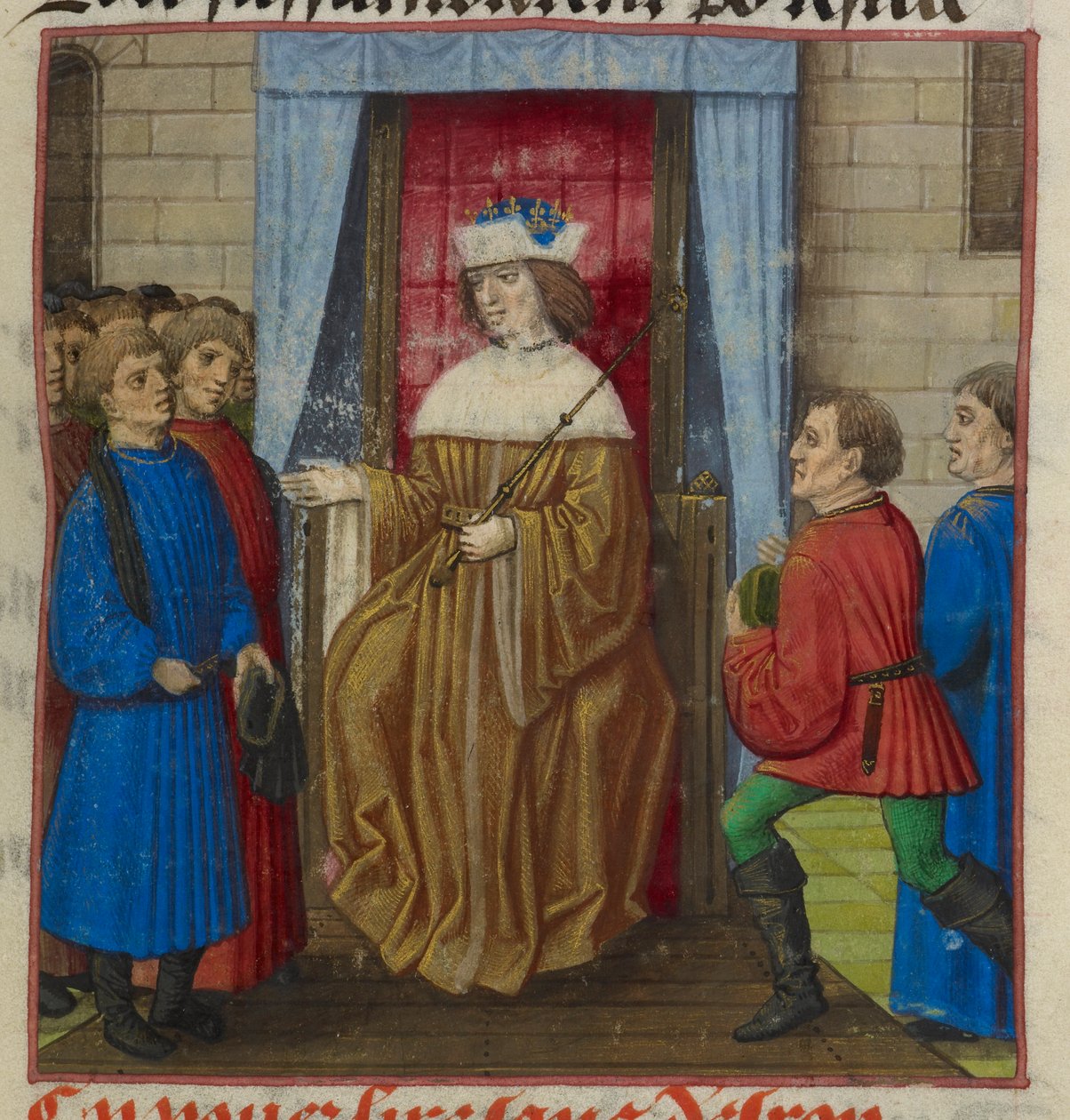 (detail) van een miniatuur van een koning en zijn hof, uit 